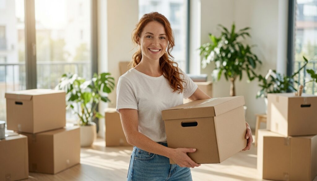 Woman moving home with her goods packed ready for self storage